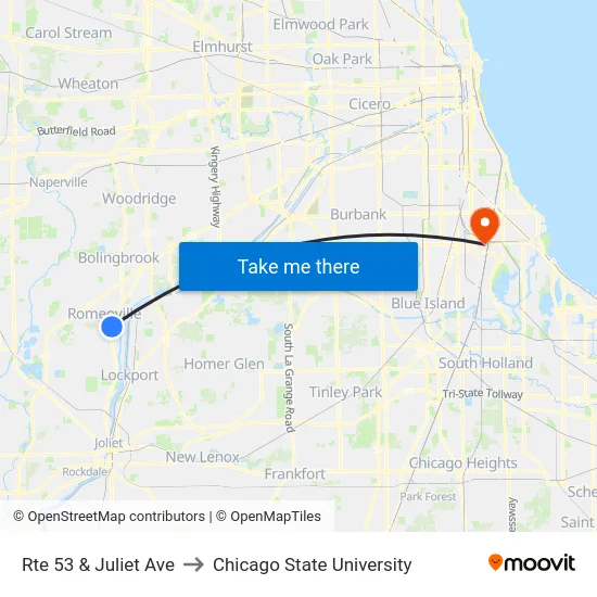 Rte 53 & Juliet Ave to Chicago State University map