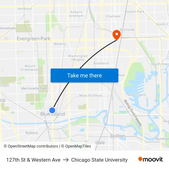 127th St & Western Ave to Chicago State University map