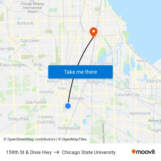 159th St & Dixie Hwy to Chicago State University map