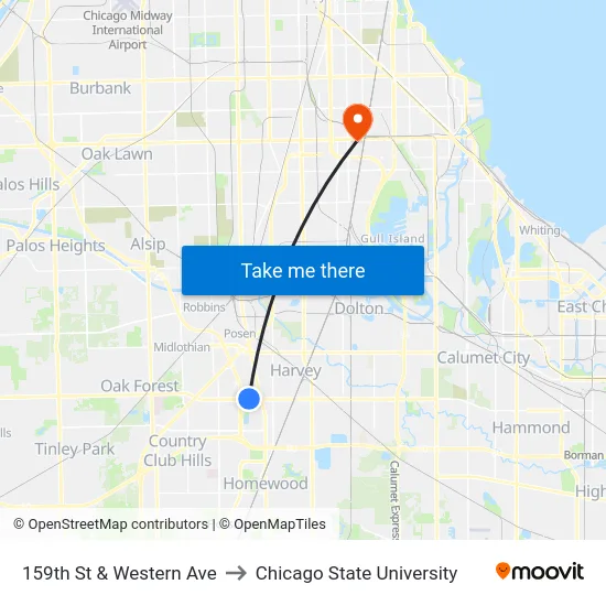 159th St & Western Ave to Chicago State University map