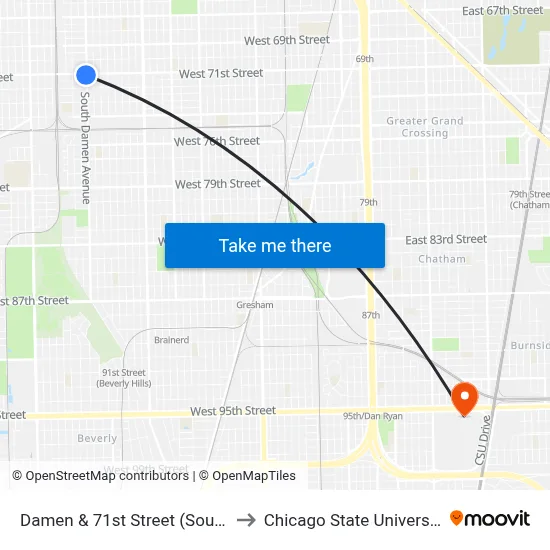 Damen & 71st Street (South) to Chicago State University map