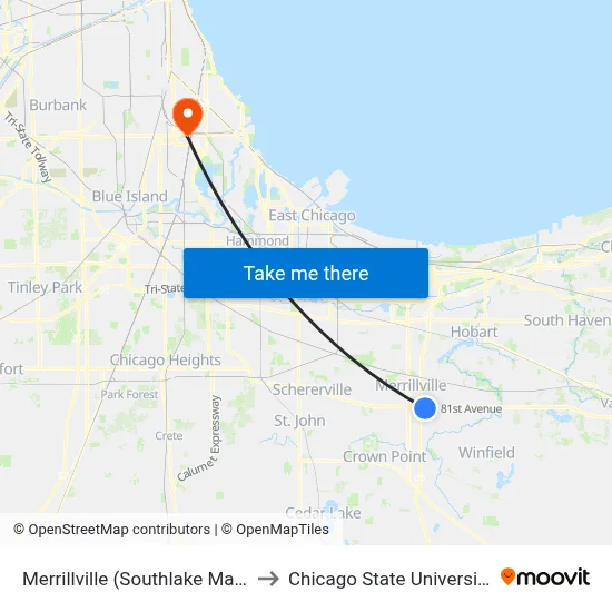 Merrillville (Southlake Mall) to Chicago State University map