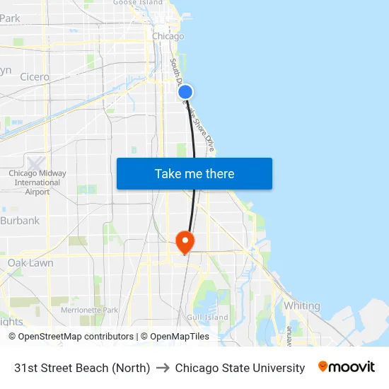 31st Street Beach (North) to Chicago State University map
