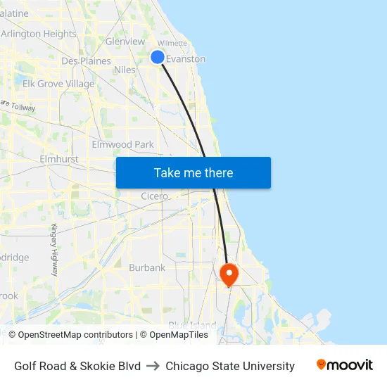 Golf Road & Skokie Blvd to Chicago State University map