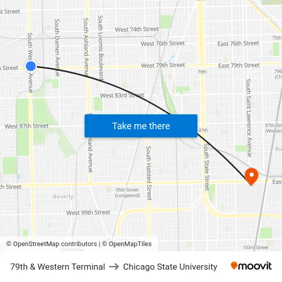 79th & Western Terminal to Chicago State University map