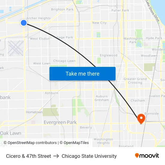 Cicero & 47th Street to Chicago State University map
