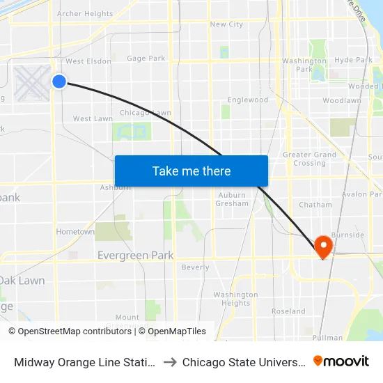Midway Orange Line Station to Chicago State University map