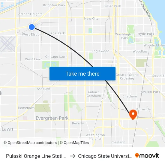 Pulaski Orange Line Station to Chicago State University map