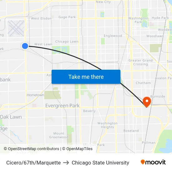 Cicero/67th/Marquette to Chicago State University map