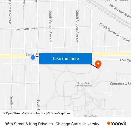 95th Street & King Drive to Chicago State University map