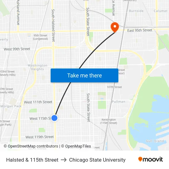 Halsted & 115th Street to Chicago State University map