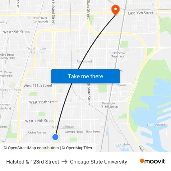 Halsted & 123rd Street to Chicago State University map
