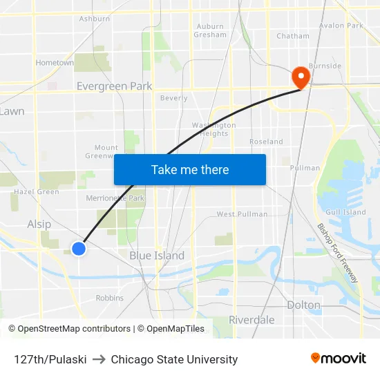 127th/Pulaski to Chicago State University map