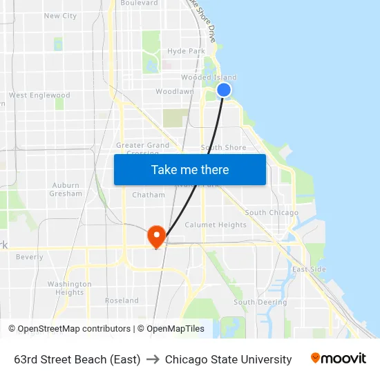 63rd Street Beach (East) to Chicago State University map