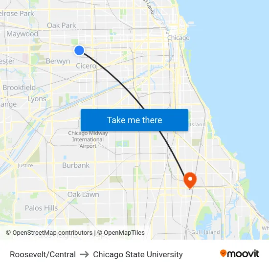 Roosevelt/Central to Chicago State University map
