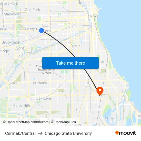 Cermak/Central to Chicago State University map