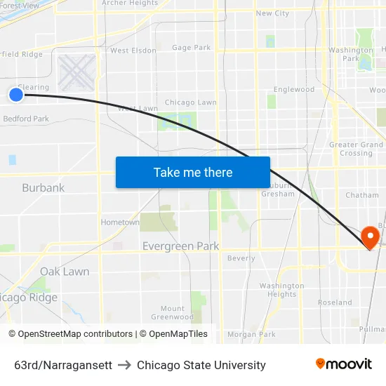 63rd/Narragansett to Chicago State University map