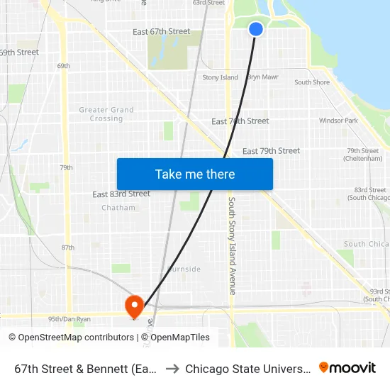 67th Street & Bennett (East) to Chicago State University map