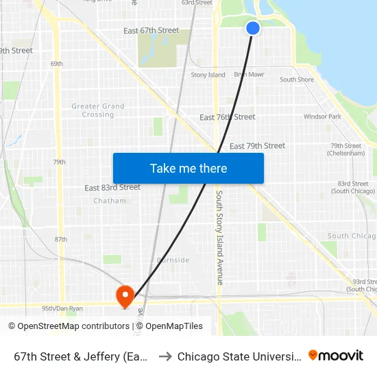 67th Street & Jeffery (East) to Chicago State University map