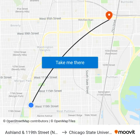Ashland & 119th Street (North) to Chicago State University map