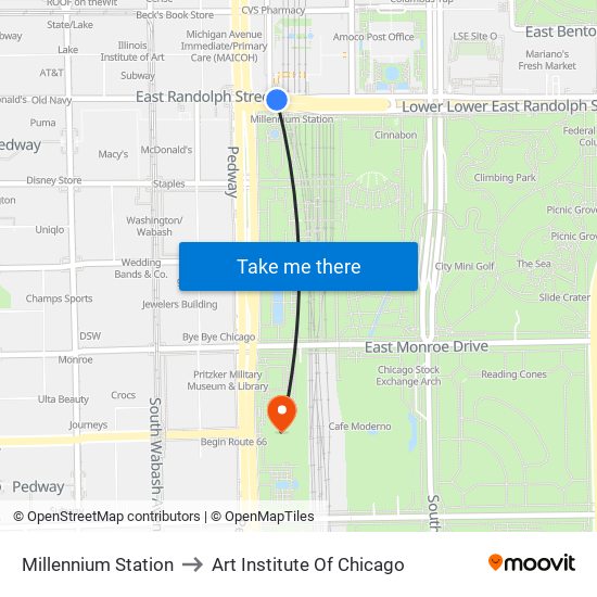 Millennium Station to Art Institute Of Chicago map