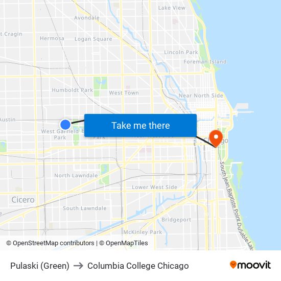 Pulaski (Green) to Columbia College Chicago map