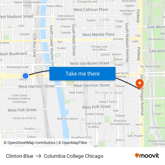 Clinton-Blue to Columbia College Chicago map