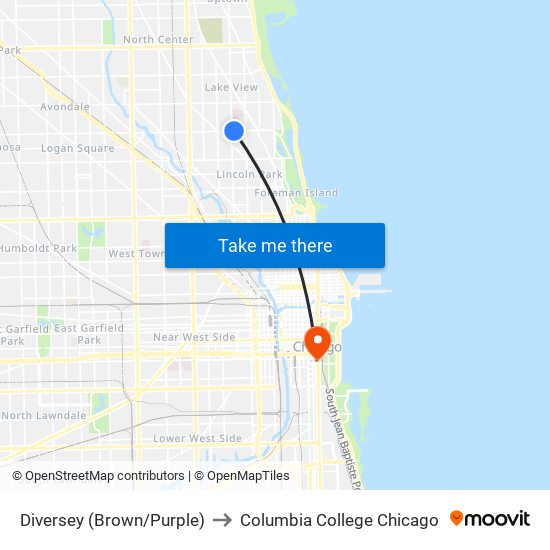 Diversey (Brown/Purple) to Columbia College Chicago map