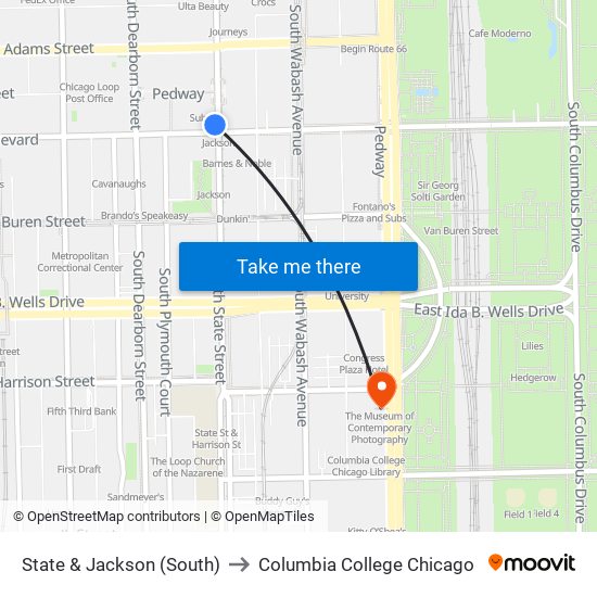State & Jackson (South) to Columbia College Chicago map