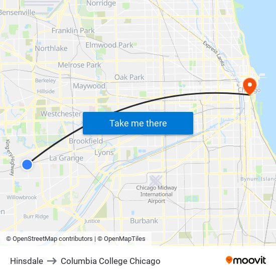 Hinsdale to Columbia College Chicago map