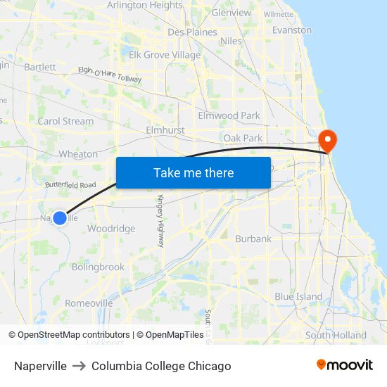 Naperville to Columbia College Chicago map