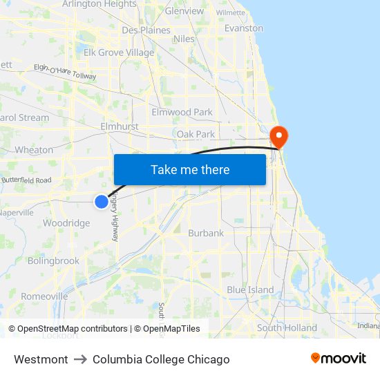 Westmont to Columbia College Chicago map