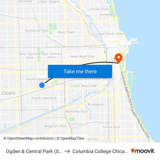 Ogden & Central Park (Sw) to Columbia College Chicago map