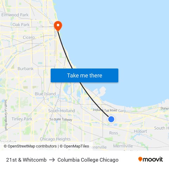 21st & Whitcomb to Columbia College Chicago map