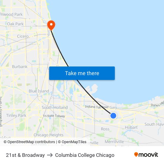 21st Ave & Broadway to Columbia College Chicago map