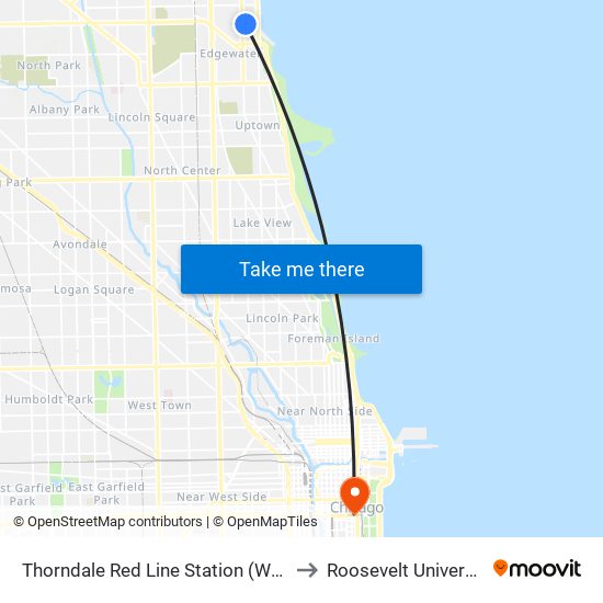 Thorndale Red Line Station (West) to Roosevelt University map