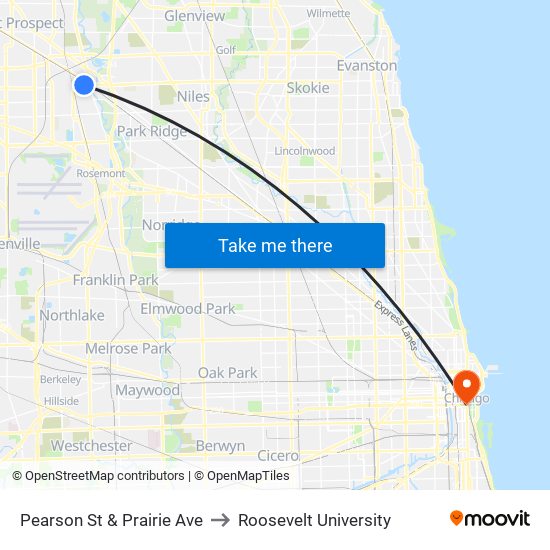 Pearson St & Prairie Ave to Roosevelt University map