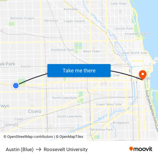 Austin (Blue) to Roosevelt University map