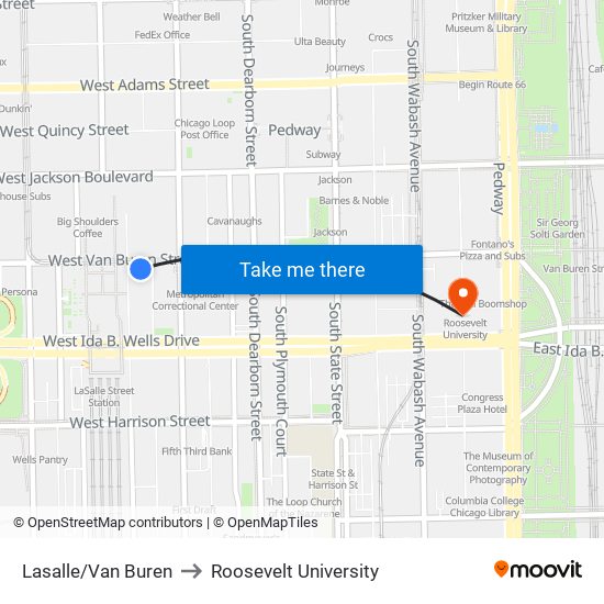 Lasalle/Van Buren to Roosevelt University map