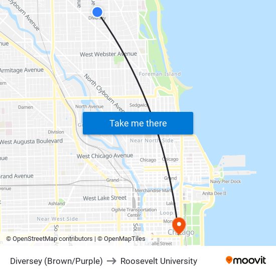 Diversey (Brown/Purple) to Roosevelt University map