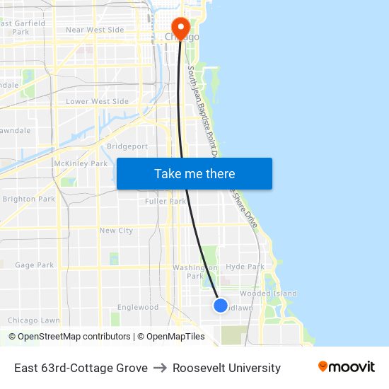 East 63rd-Cottage Grove to Roosevelt University map