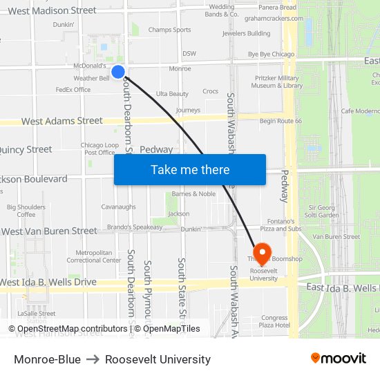 Monroe-Blue to Roosevelt University map