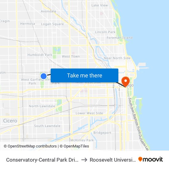 Conservatory-Central Park Drive to Roosevelt University map