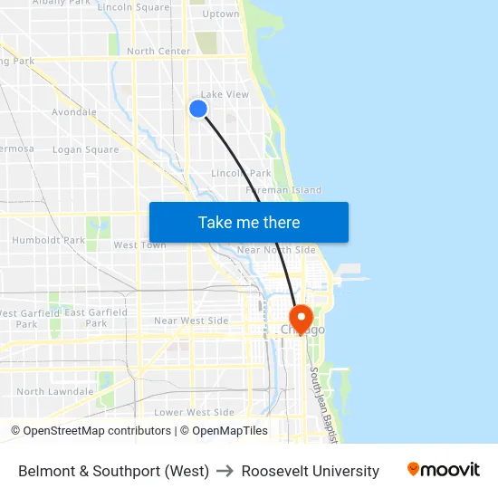 Belmont & Southport (West) to Roosevelt University map