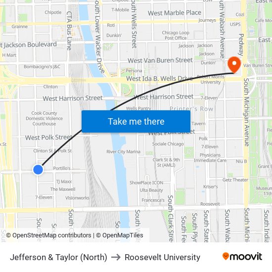 Jefferson & Taylor (North) to Roosevelt University map