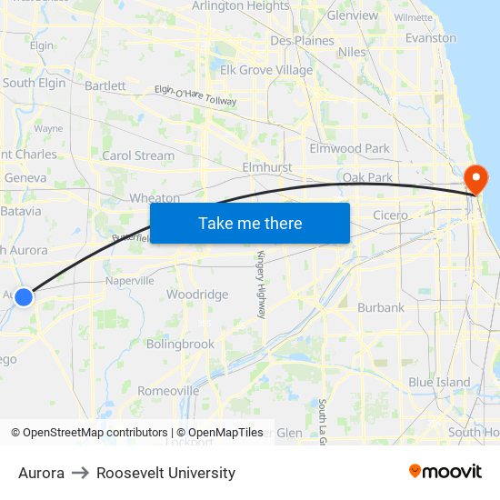 Aurora to Roosevelt University map