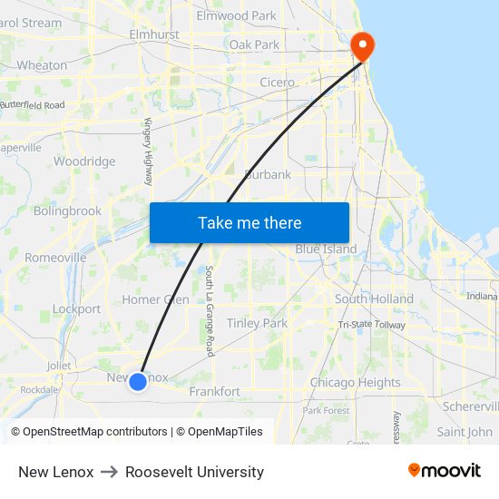 New Lenox to Roosevelt University map