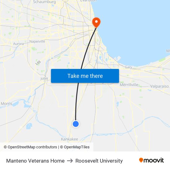 Manteno Veterans Home to Roosevelt University map