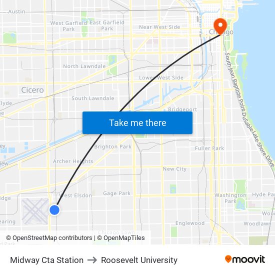 Midway Cta Station to Roosevelt University map