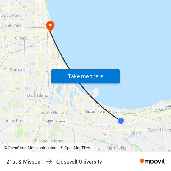 21st & Missouri to Roosevelt University map